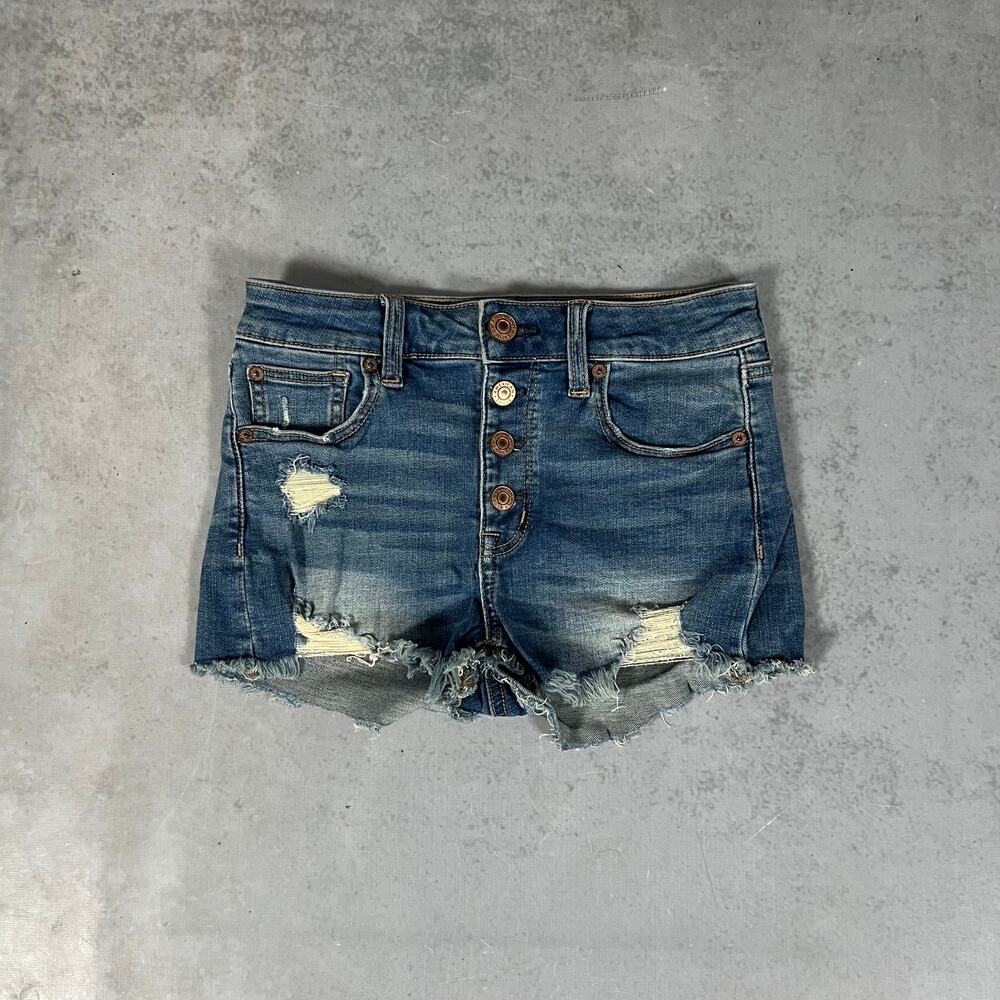 American Eagle Hi-Rise Shortie Women's Distressed Blue Shorts Stretch Size 0